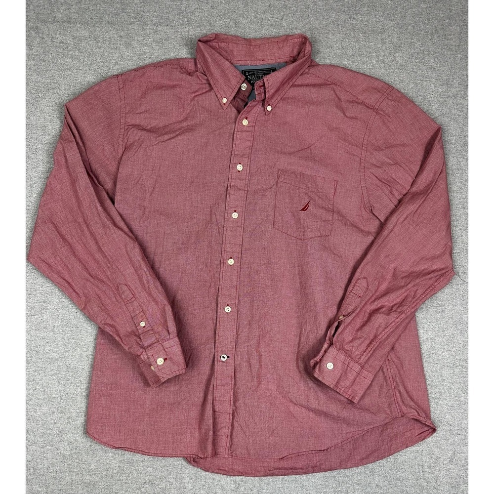 Nautica Shirt Mens 2XL Red Check 100% Cotton Button Down Long Sleeve Pocket